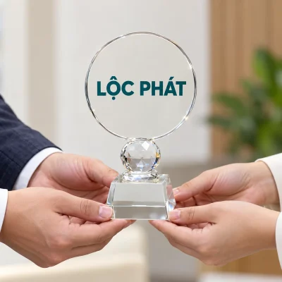 Biểu trưng pha lê mặt tròn chân cầu – trao biểu trưng với mặt logo hướng về người nhận
