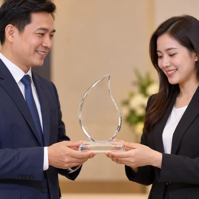 Cảnh mô phỏng trao biểu trưng pha lê mẫu 02 trong buổi tri ân
