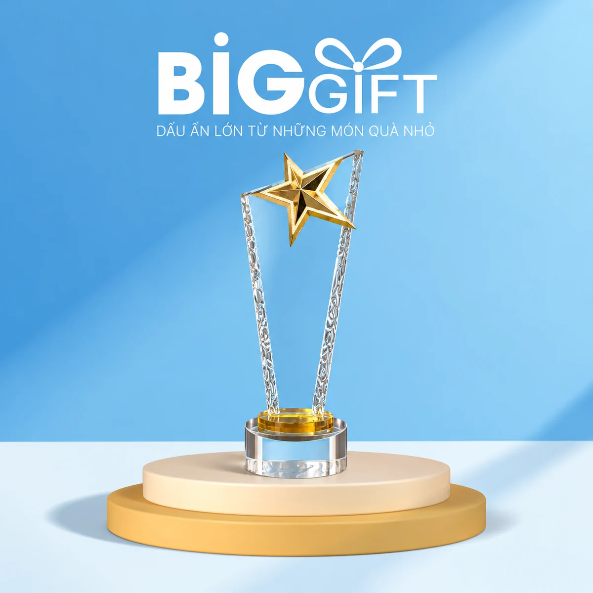 Biểu trưng mẫu 03 sao vàng đế tròn trên bục BigGift