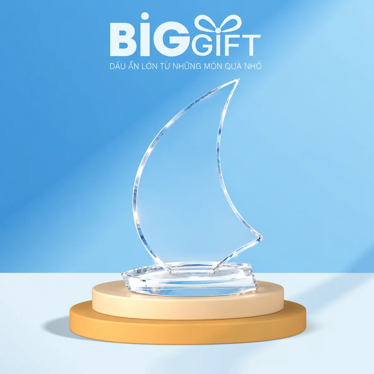 Biểu trưng pha lê mẫu 08 dáng cánh buồm trên bục BigGift