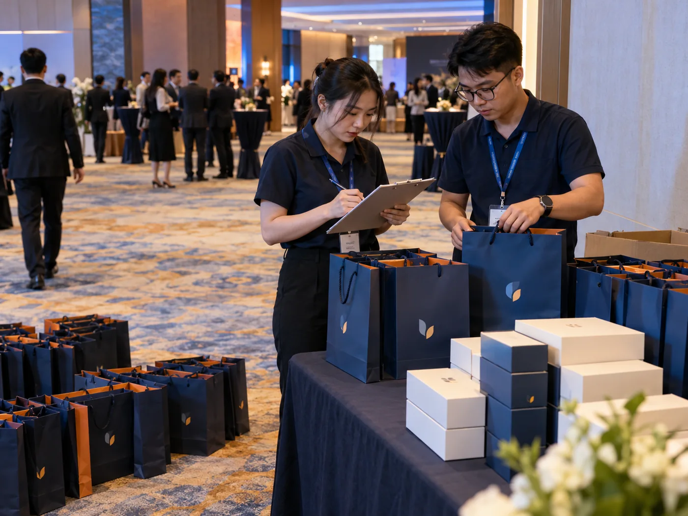 Hai nh&acirc;n vi&ecirc;n sự kiện ghi bảng k&ecirc; v&agrave; ph&acirc;n nh&oacute;m t&uacute;i qu&agrave; c&ograve;n lại khi chương tr&igrave;nh kết th&uacute;c