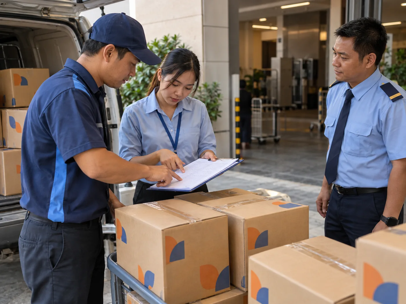 Người giao v&agrave; đầu mối tại địa điểm kiểm bảng k&ecirc; tr&ecirc;n c&aacute;c kiện h&agrave;ng ở cửa nhận