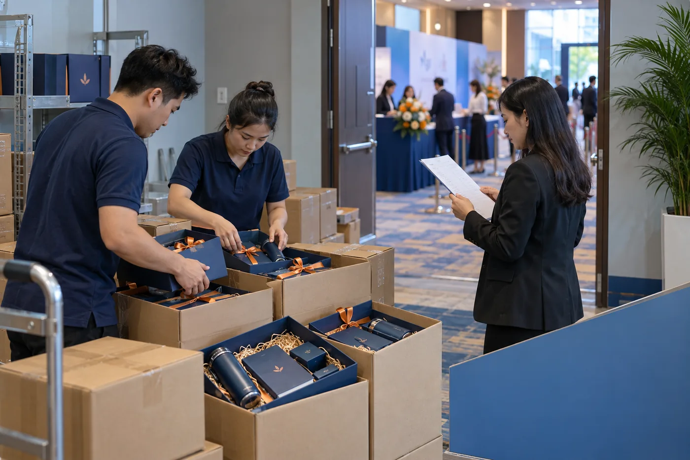 Đội hậu cần kiểm c&aacute;c kiện qu&agrave; v&agrave; bảng k&ecirc; tại cửa nối với khu đ&oacute;n kh&aacute;ch sự kiện
