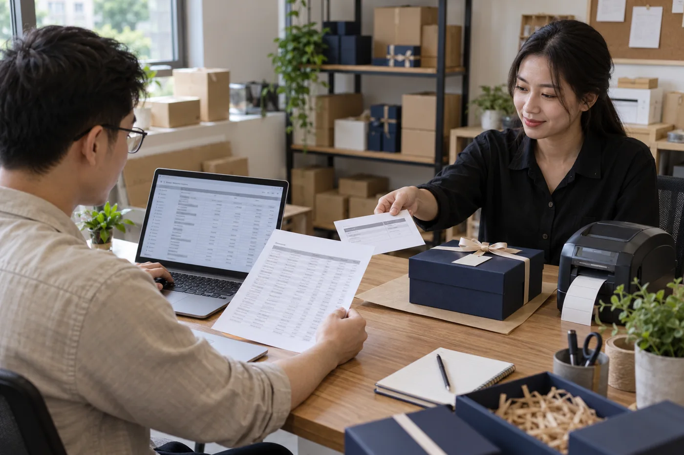 Hai nh&acirc;n sự trao đổi bản dữ liệu theo c&ocirc;ng việc b&ecirc;n m&aacute;y t&iacute;nh v&agrave; hộp qu&agrave;