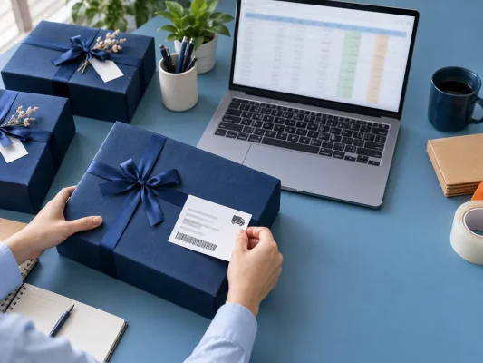 Đối chiếu nhãn hộp quà với bảng danh sách trên máy tính