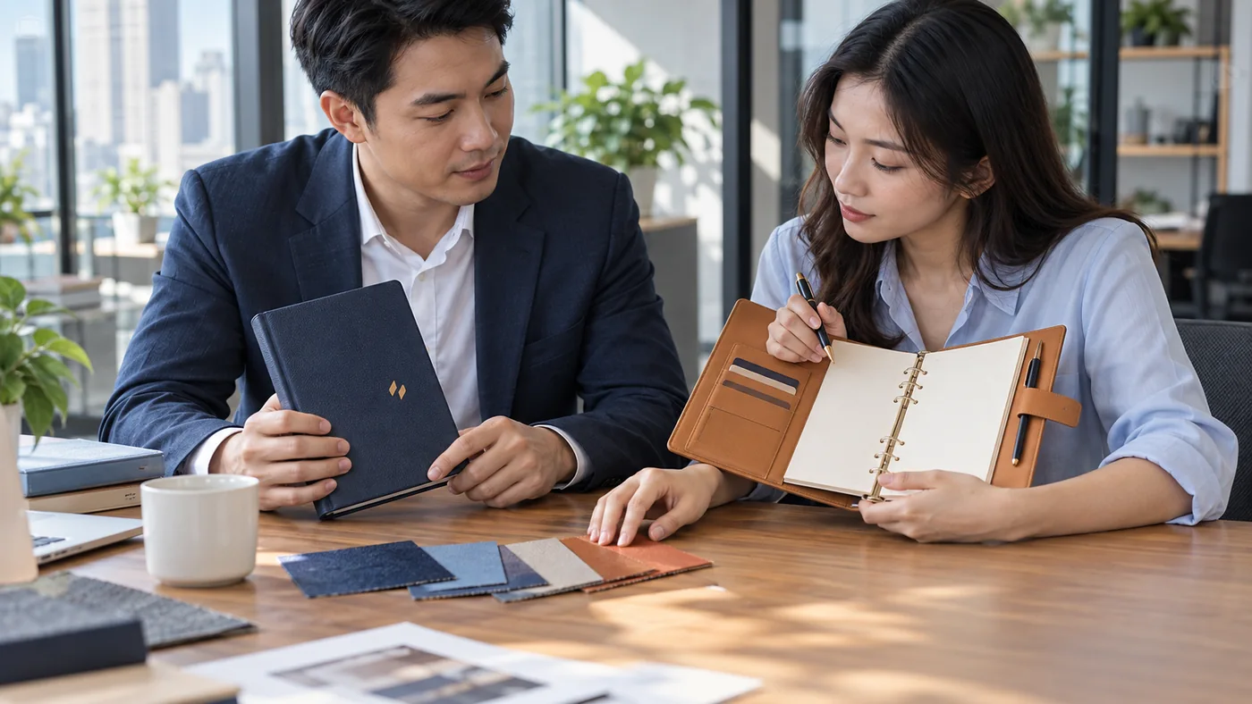 Hai người đối chiếu b&igrave;a sổ, ruột c&ograve;ng, b&uacute;t v&agrave; c&aacute;c miếng vật liệu tr&ecirc;n b&agrave;n l&agrave;m việc
