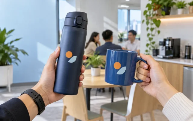Một bình giữ nhiệt xanh có nắp và cốc sứ có quai được cầm so trong văn phòng