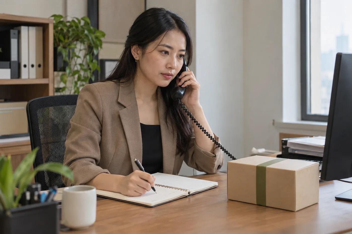 Nh&acirc;n sự trao đổi qua điện thoại, ghi ch&eacute;p b&ecirc;n hộp qu&agrave; mẫu