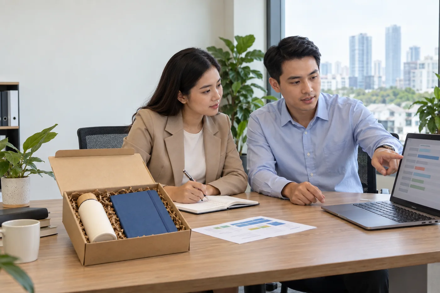 Hai đồng nghiệp trao đổi b&ecirc;n mẫu qu&agrave; gồm b&igrave;nh v&agrave; sổ