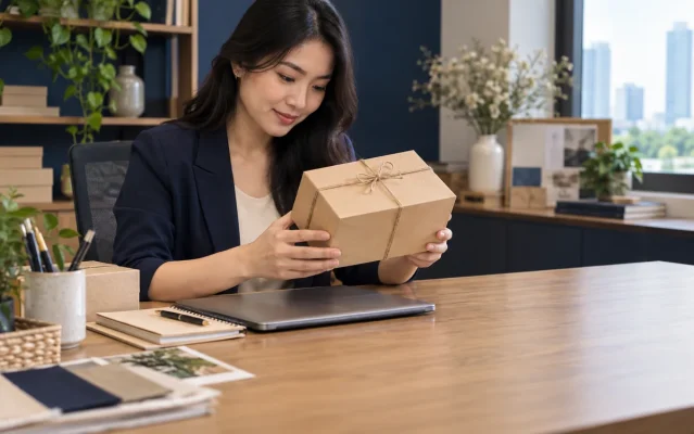 Nhân sự xem hộp quà dự kiến tại bàn làm việc