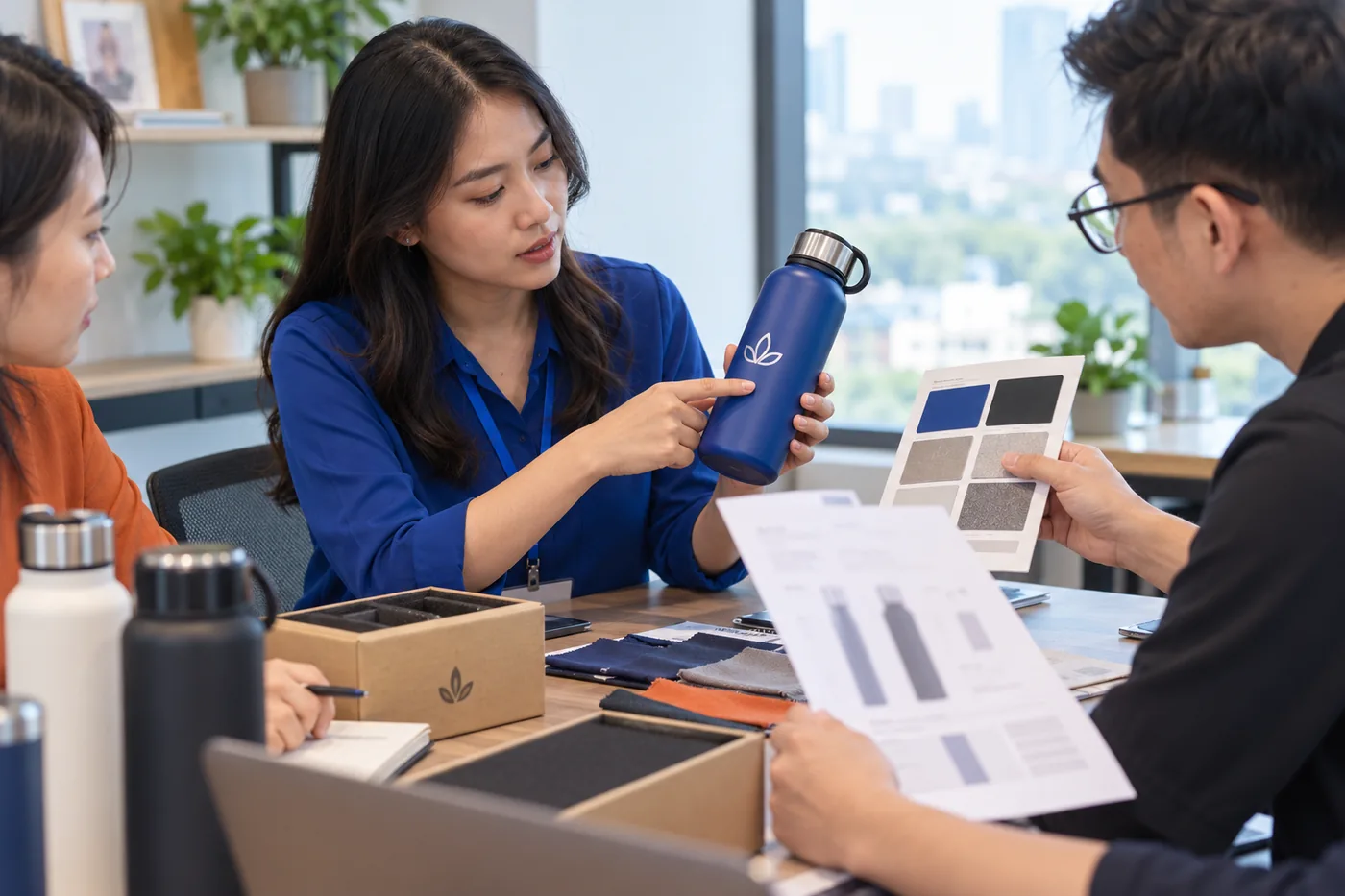 Người mua đối chiếu b&igrave;nh mẫu với thẻ vật liệu v&agrave; hồ sơ kỹ thuật