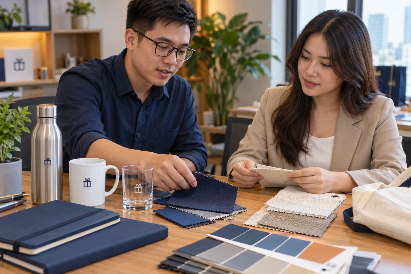 Nh&oacute;m người xem b&igrave;nh, cốc, ly, vải v&agrave; b&igrave;a sổ trước khi chọn chất liệu