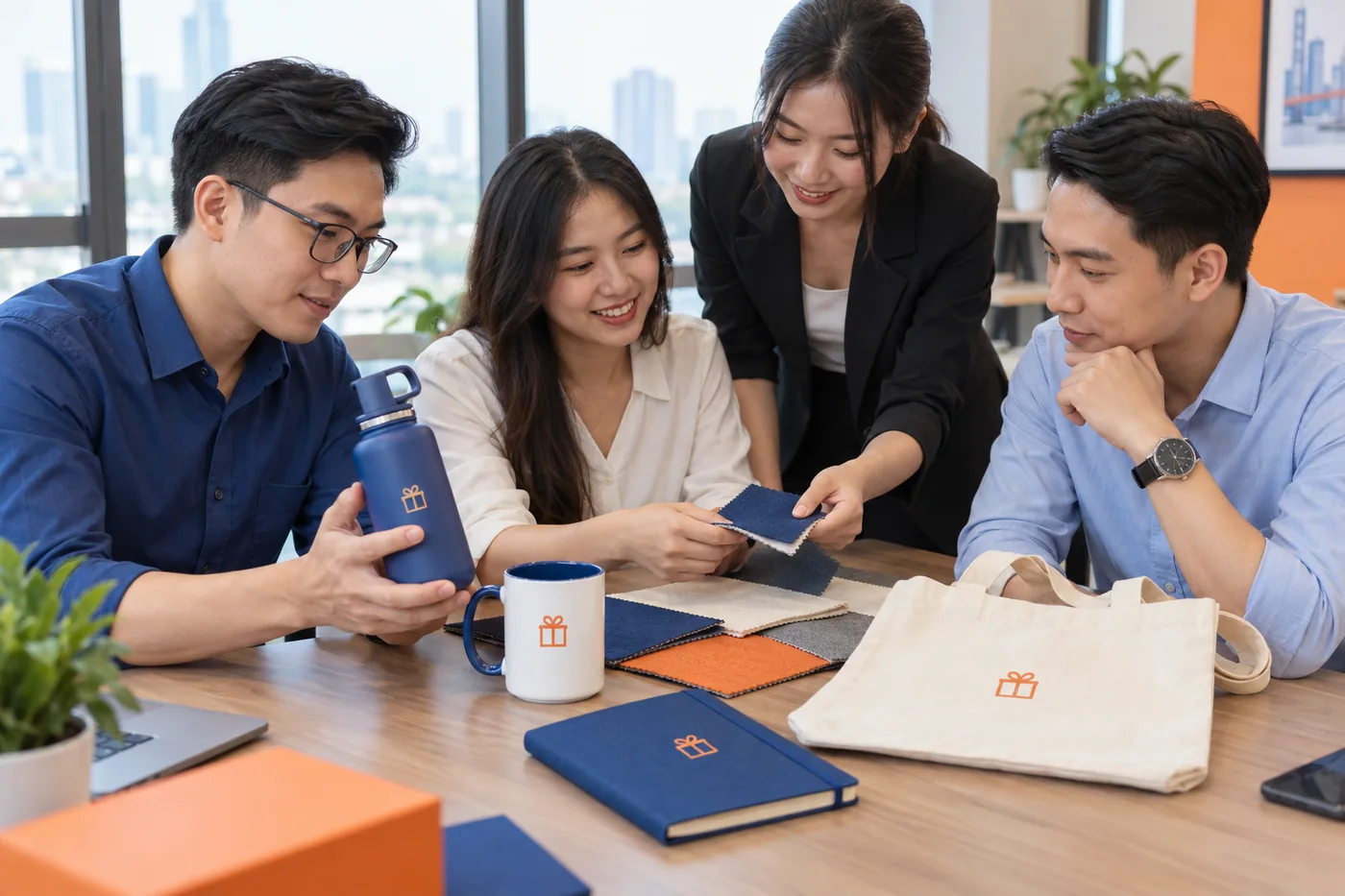 Nh&oacute;m mua h&agrave;ng xem b&igrave;nh, cốc, t&uacute;i v&agrave; mẫu vật liệu tr&ecirc;n b&agrave;n