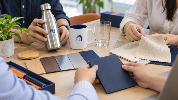 Nhiều mẫu chất liệu quà tặng được so cạnh nhau trên bàn