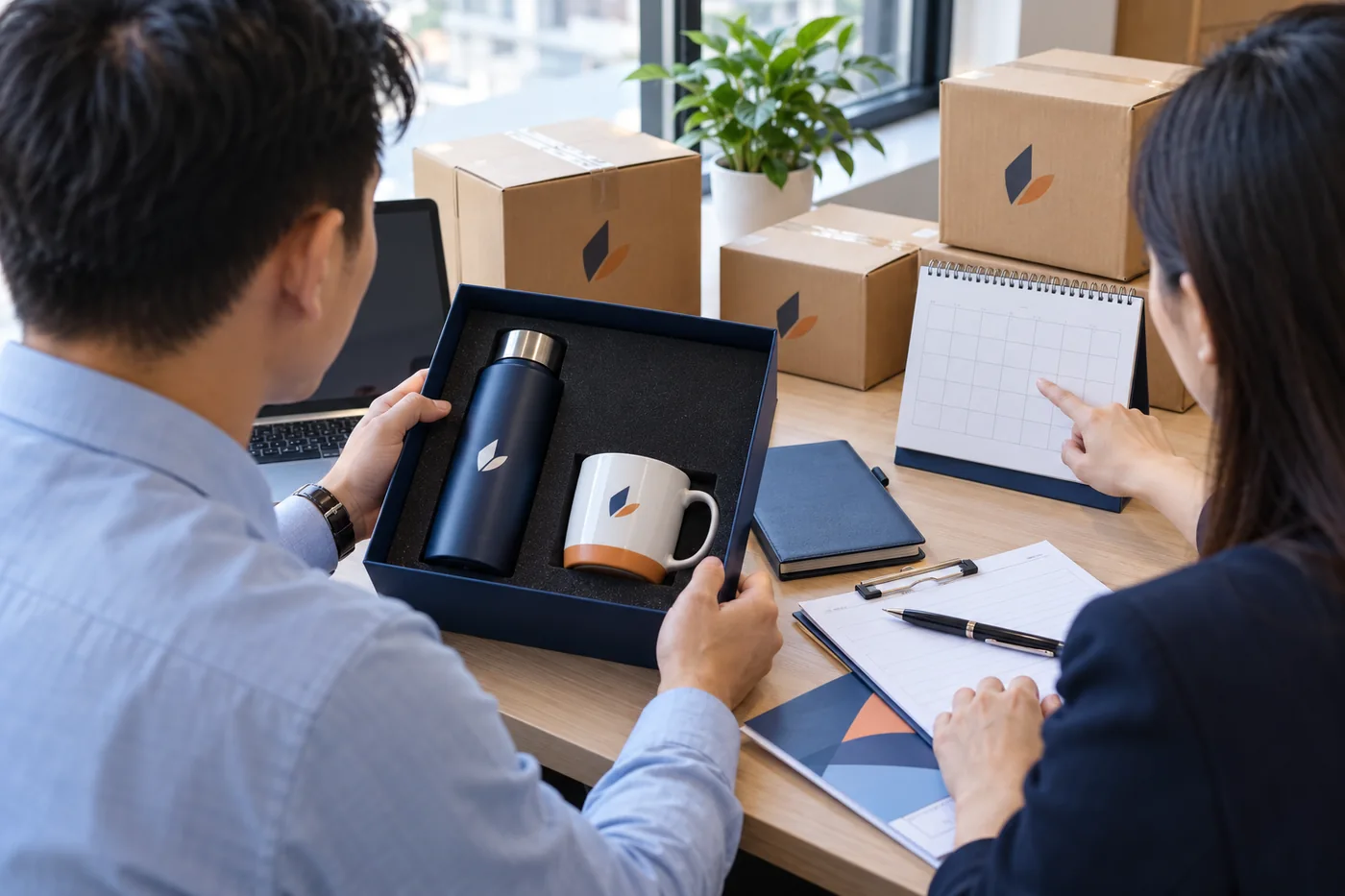 Hai người xem mẫu b&igrave;nh v&agrave; cốc in dấu cạnh lịch trống v&agrave; c&aacute;c th&ugrave;ng h&agrave;ng