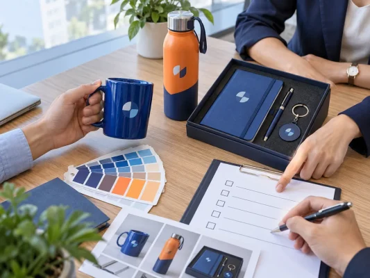 Người mua so mẫu cốc, bình và bộ quà in dấu trên bàn cùng bảng kiểm