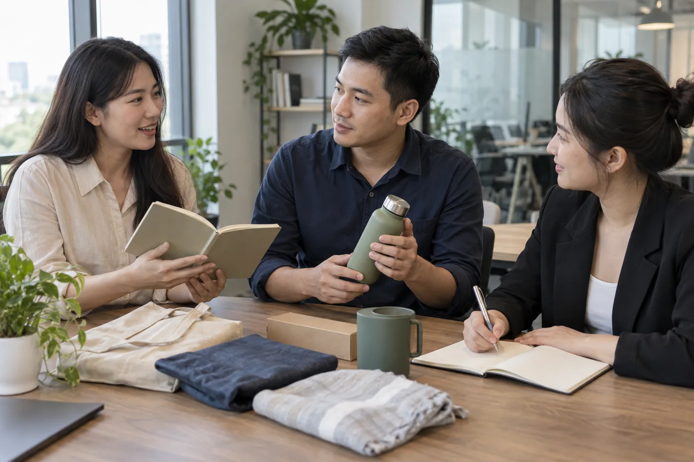 Ba đồng nghiệp thảo luận về sổ v&agrave; b&igrave;nh, người tổ chức ghi lại &yacute; kiến