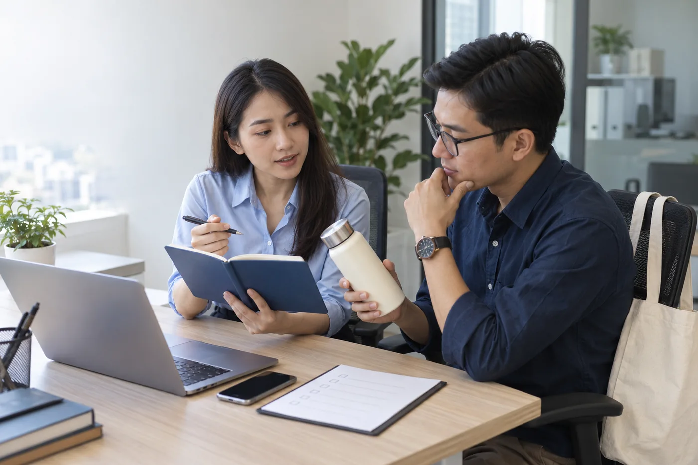 Hai đồng nghiệp xem sổ v&agrave; b&igrave;nh tại b&agrave;n l&agrave;m việc, t&uacute;i vải đặt ở ghế