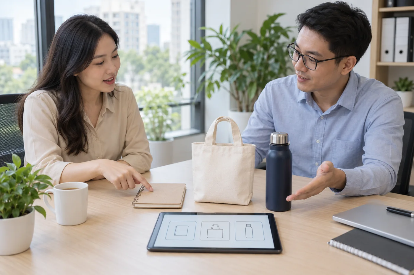 Hai nh&acirc;n sự trao đổi về sổ, t&uacute;i v&agrave; b&igrave;nh với bảng lựa chọn đơn giản tr&ecirc;n m&aacute;y t&iacute;nh bảng