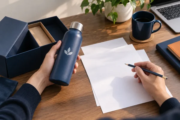 Tay cầm bình quà tặng in biểu tượng, đặt cạnh hồ sơ trống để đối chiếu