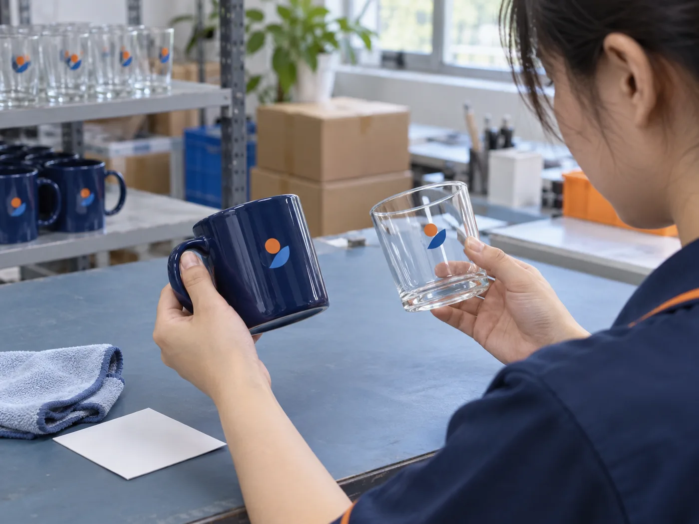 Người kiểm tra miệng cốc, miệng ly v&agrave; h&igrave;nh in tr&ecirc;n hai mẫu qu&agrave;