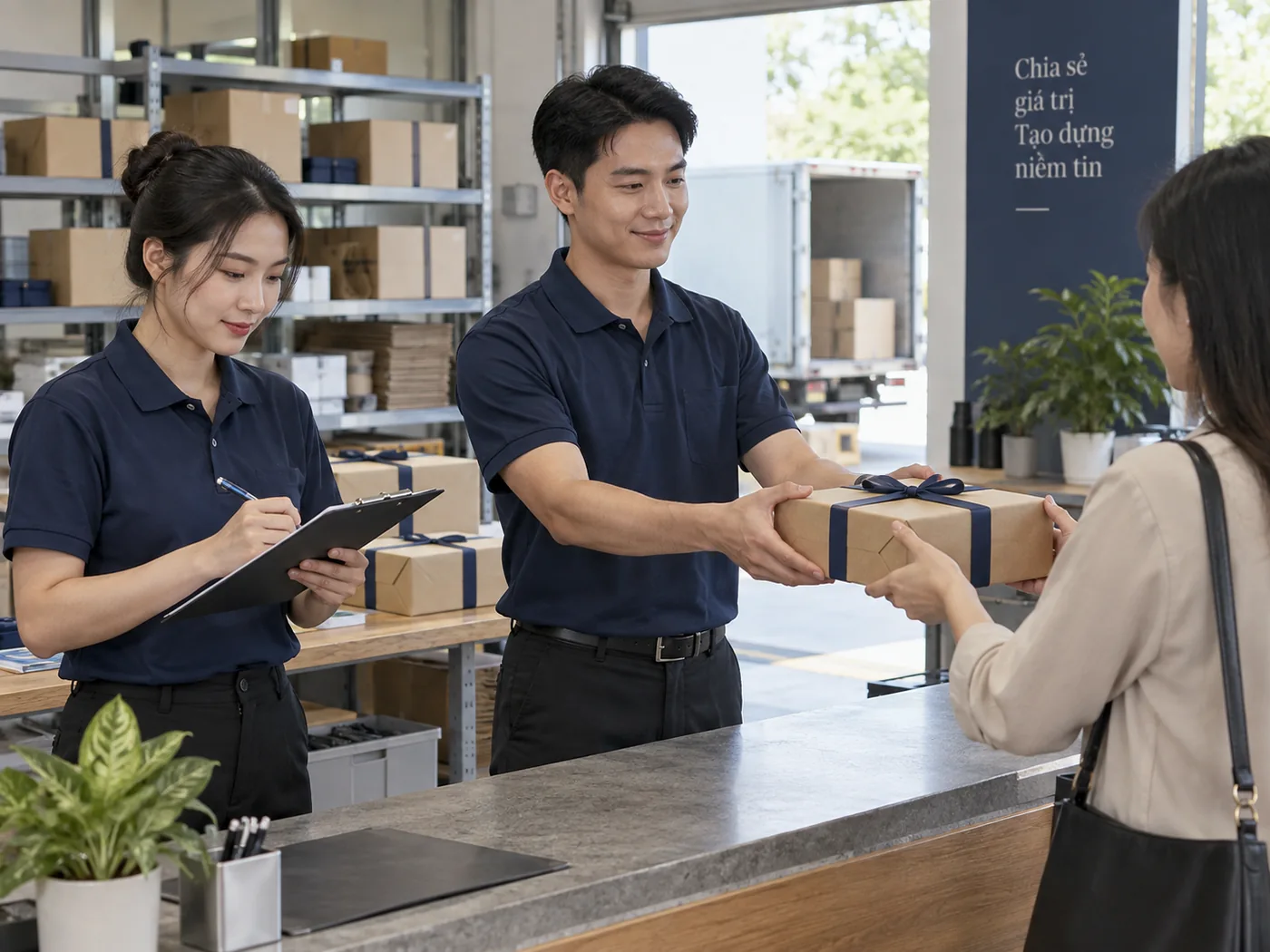 B&agrave;n giao kiện qu&agrave; tại điểm nhận v&agrave; đối chiếu phiếu