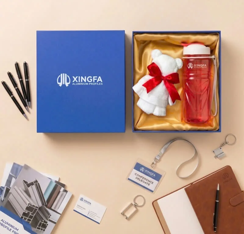 Hộp qu&agrave; c&oacute; b&igrave;nh nước v&agrave; gấu b&ocirc;ng in logo Xingfa b&ecirc;n c&aacute;c vật dụng hội nghị