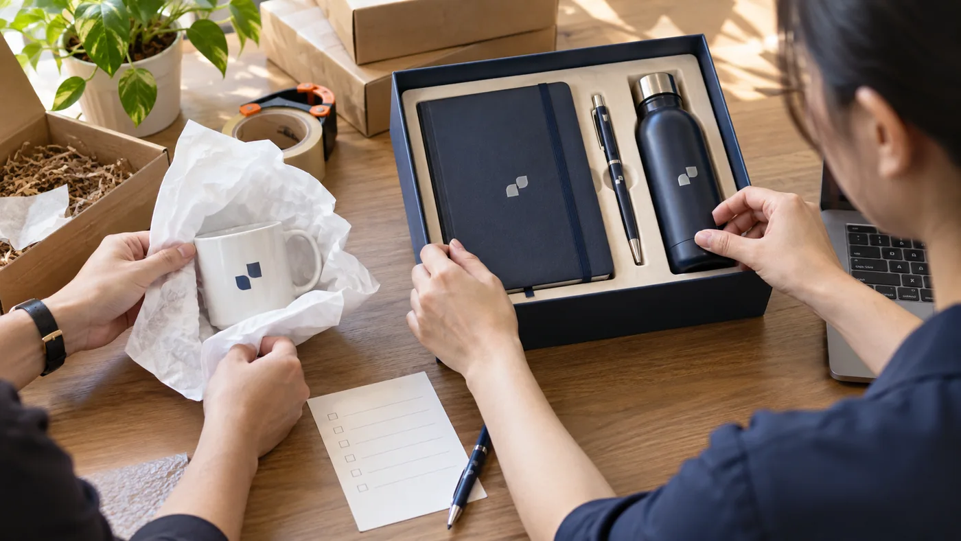 Một cốc in logo được g&oacute;i ri&ecirc;ng cạnh hộp qu&agrave; gồm sổ b&uacute;t v&agrave; b&igrave;nh