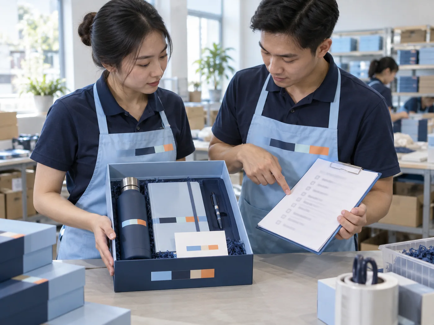 Hai nh&acirc;n vi&ecirc;n kiểm bộ qu&agrave; mở v&agrave; bảng đối chiếu trước khi ni&ecirc;m phong
