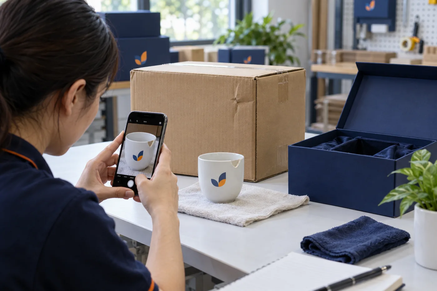Người chụp t&igrave;nh trạng cốc sứt đặt ri&ecirc;ng, hộp qu&agrave; mở v&agrave; th&ugrave;ng carton c&oacute; vết m&oacute;p