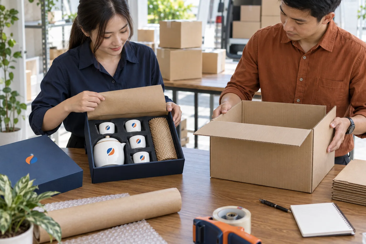 Hai người so hộp qu&agrave; ấm ch&eacute;n với th&ugrave;ng carton để giao từng địa chỉ