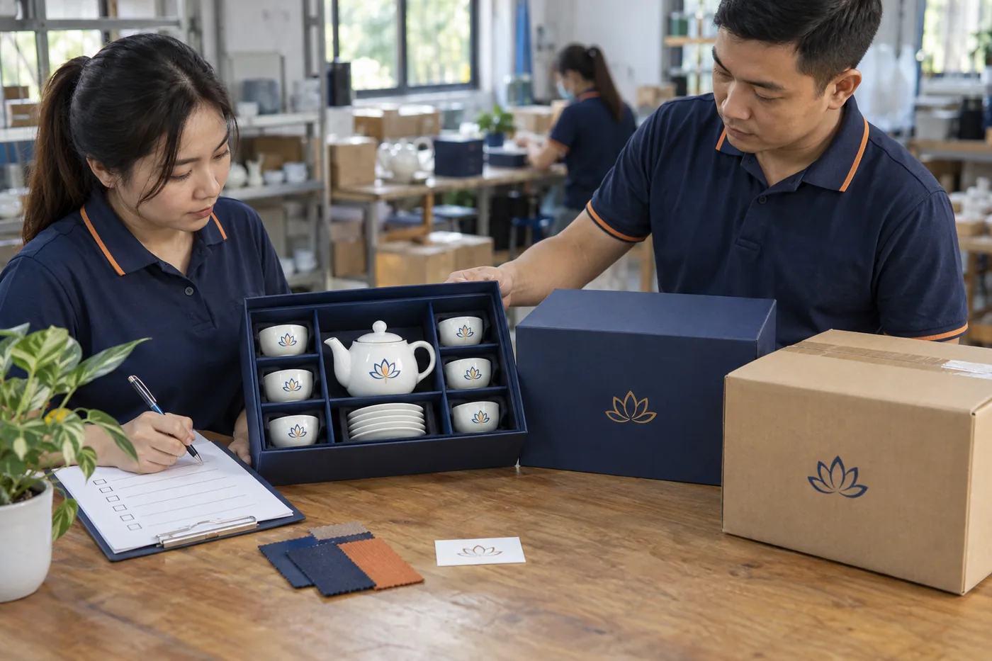 Hai người đối chiếu mẫu bộ ấm ch&eacute;n, hộp qu&agrave;, th&ugrave;ng carton v&agrave; bảng kiểm trước giao l&ocirc;