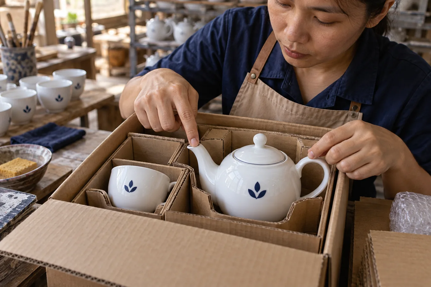 Người kiểm khoảng bảo vệ của quai, v&ograve;i v&agrave; nắp ấm sứ trong c&aacute;c &ocirc; carton