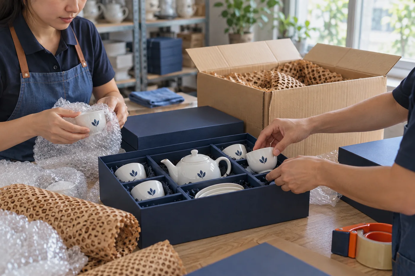 Hai người đ&oacute;ng bộ ấm ch&eacute;n in biểu trưng qua lớp bọc, khay qu&agrave; v&agrave; carton ngo&agrave;i