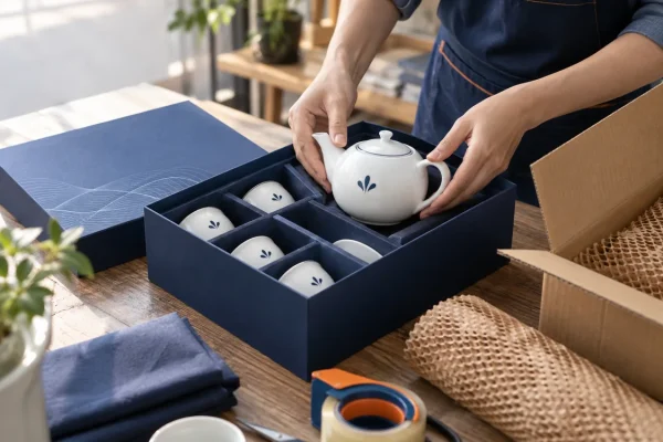 Người đóng bộ ấm chén in biểu trưng vào hộp chia ô, bên cạnh lớp đệm và carton giao