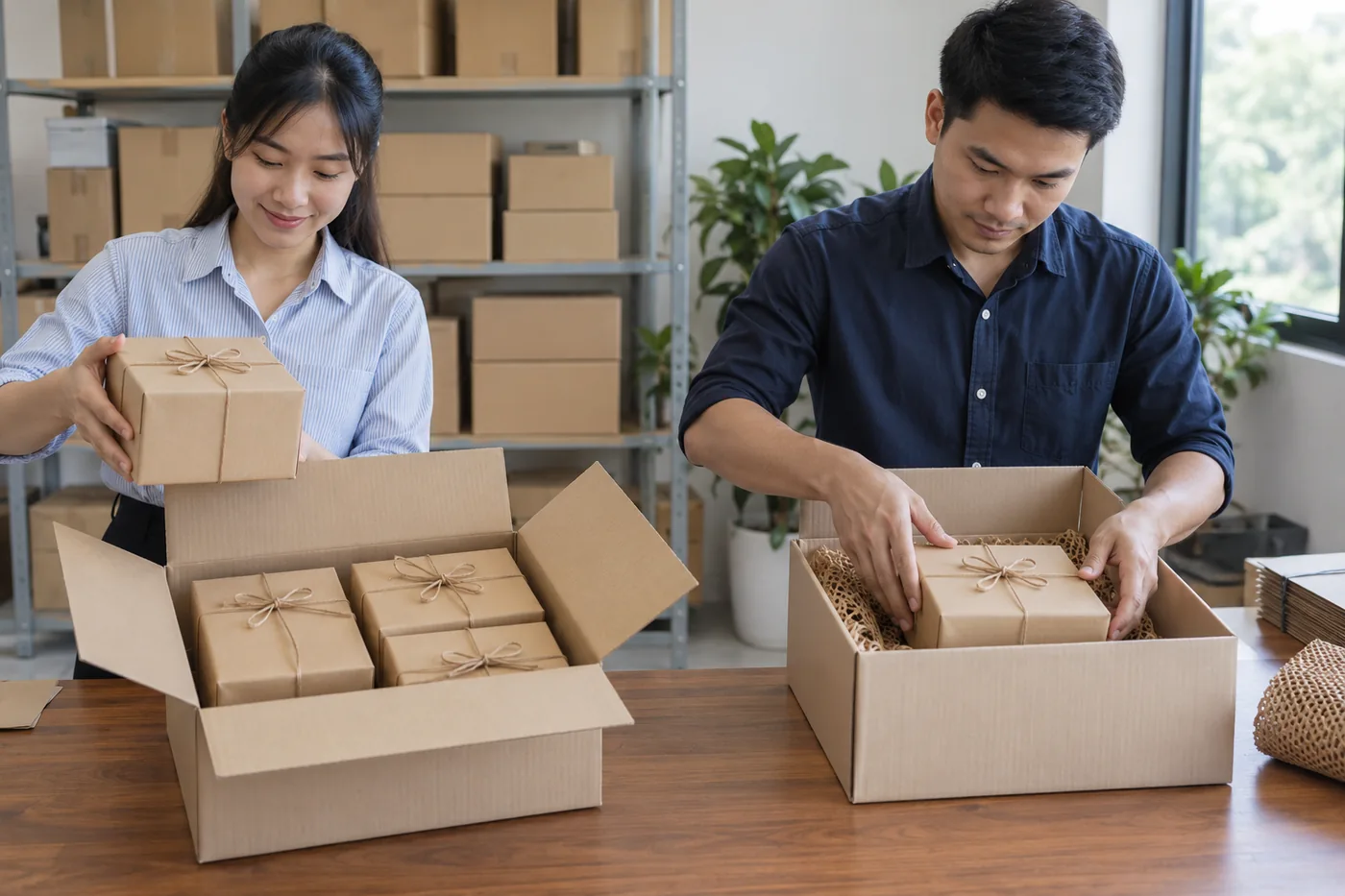 Nh&acirc;n sự lấy hộp qu&agrave; từ kiện chung v&agrave; đ&oacute;ng một hộp qu&agrave; v&agrave;o kiện giao ri&ecirc;ng