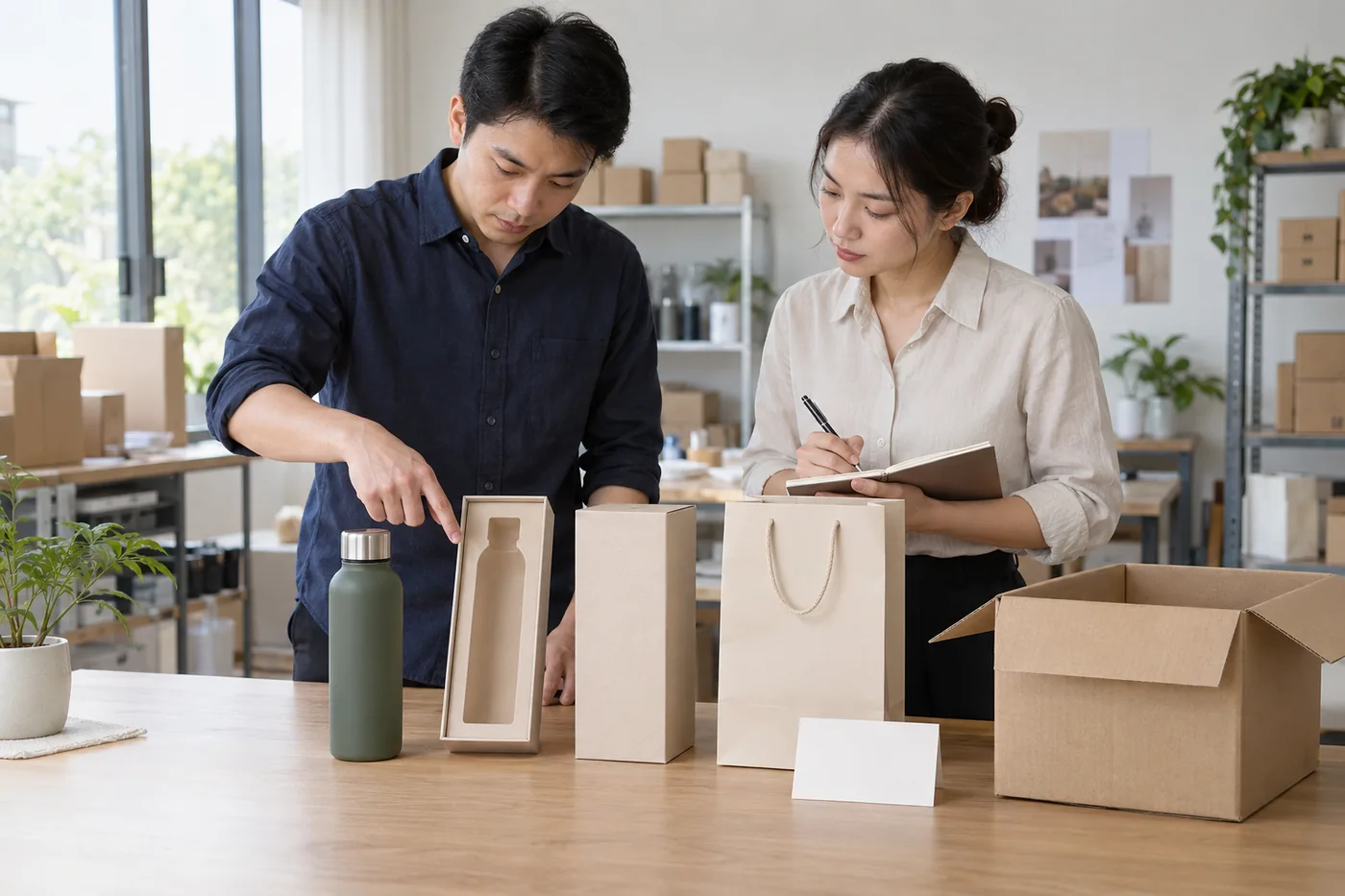 Hai nh&acirc;n sự xem ri&ecirc;ng b&igrave;nh, khay, hộp qu&agrave;, t&uacute;i, thiệp v&agrave; kiện ngo&agrave;i