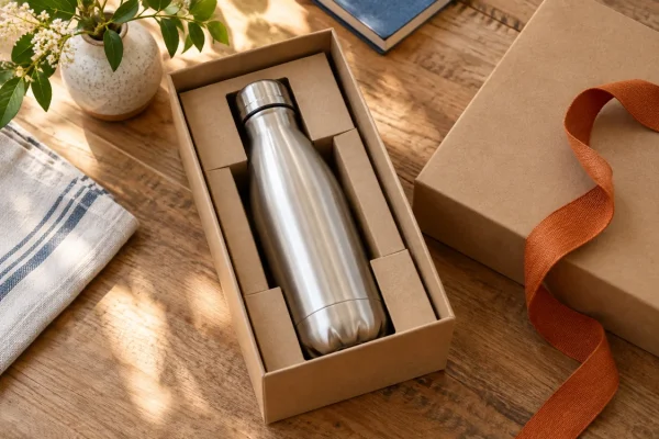 Bình inox nằm trong hộp màu nâu có khay vừa món, dải ruy băng đặt bên ngoài