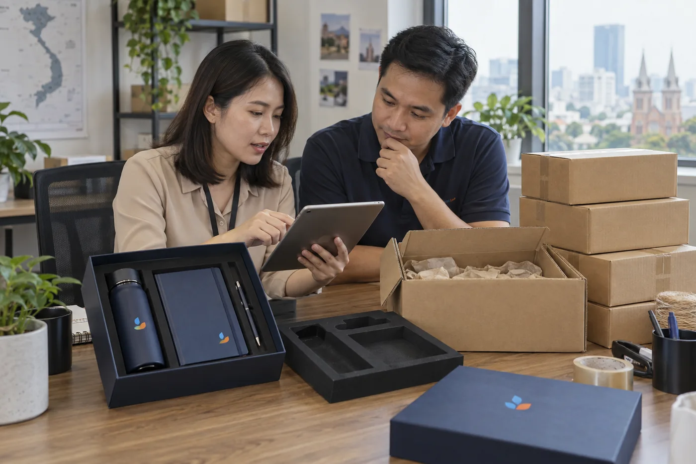 Người mua v&agrave; người đ&oacute;ng qu&agrave; so bộ qu&agrave;, khay, th&ugrave;ng carton với bảng y&ecirc;u cầu tr&ecirc;n m&aacute;y t&iacute;nh bảng