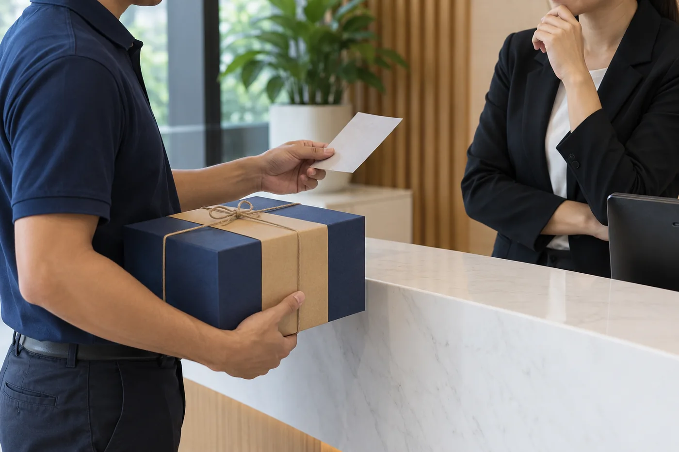 Nh&acirc;n vi&ecirc;n giao giữ hộp qu&agrave; ni&ecirc;m phong khi trao đổi với lễ t&acirc;n về lần giao chưa ho&agrave;n tất