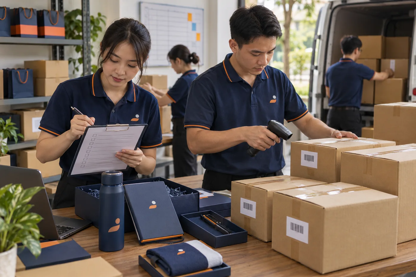 Nh&oacute;m nh&acirc;n vi&ecirc;n kiểm danh s&aacute;ch v&agrave; qu&eacute;t kiện qu&agrave; trước khi xếp xe giao