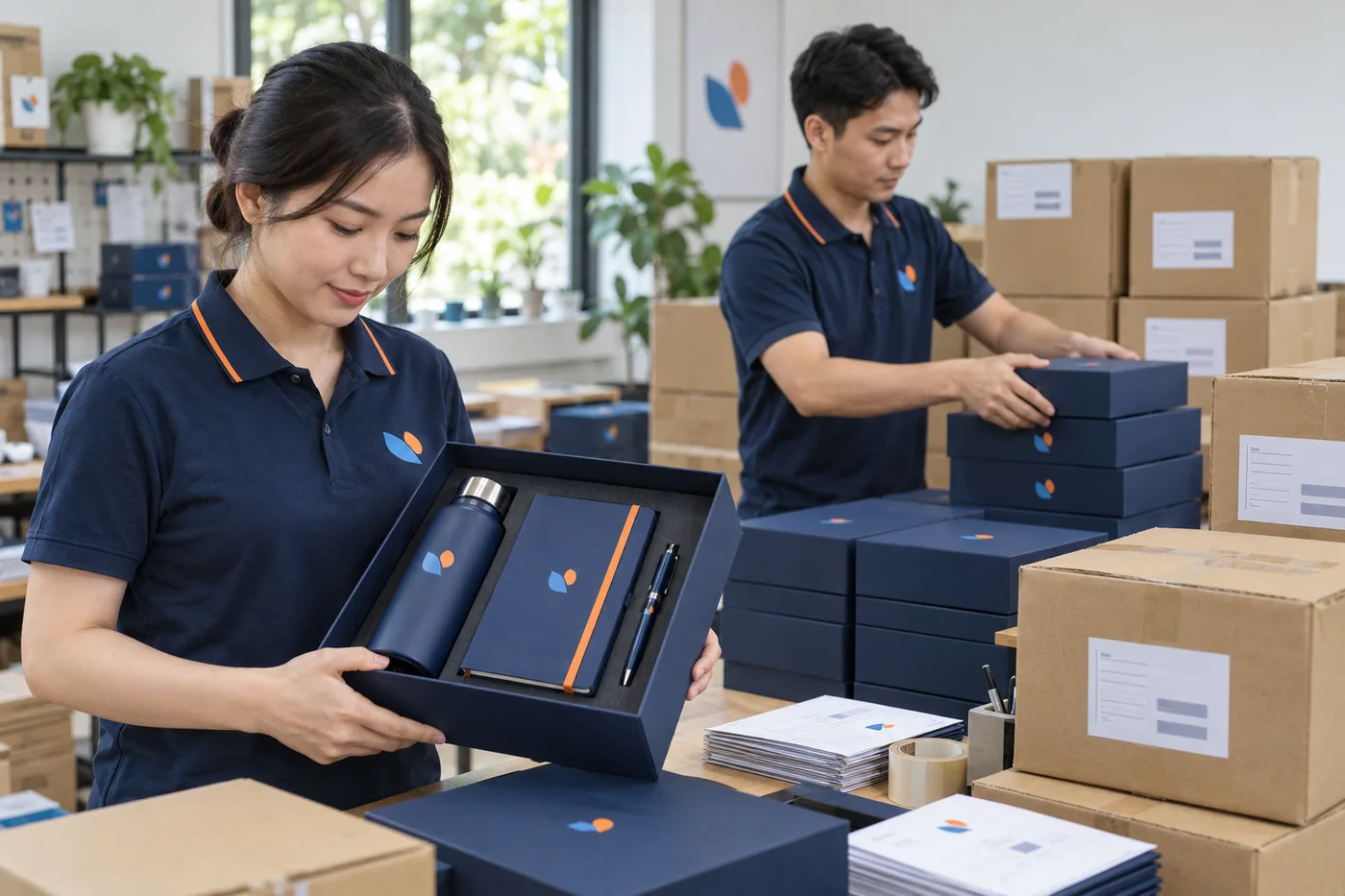 Hai người ph&acirc;n loại bộ qu&agrave; in biểu trưng v&agrave; th&ugrave;ng carton theo luồng giao nhiều địa chỉ