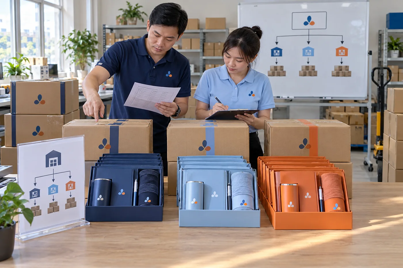 Hai nh&acirc;n vi&ecirc;n kiểm ba nh&oacute;m bộ qu&agrave; v&agrave; kiện h&agrave;ng theo bảng ph&acirc;n bổ ở b&agrave;n đ&oacute;ng g&oacute;i