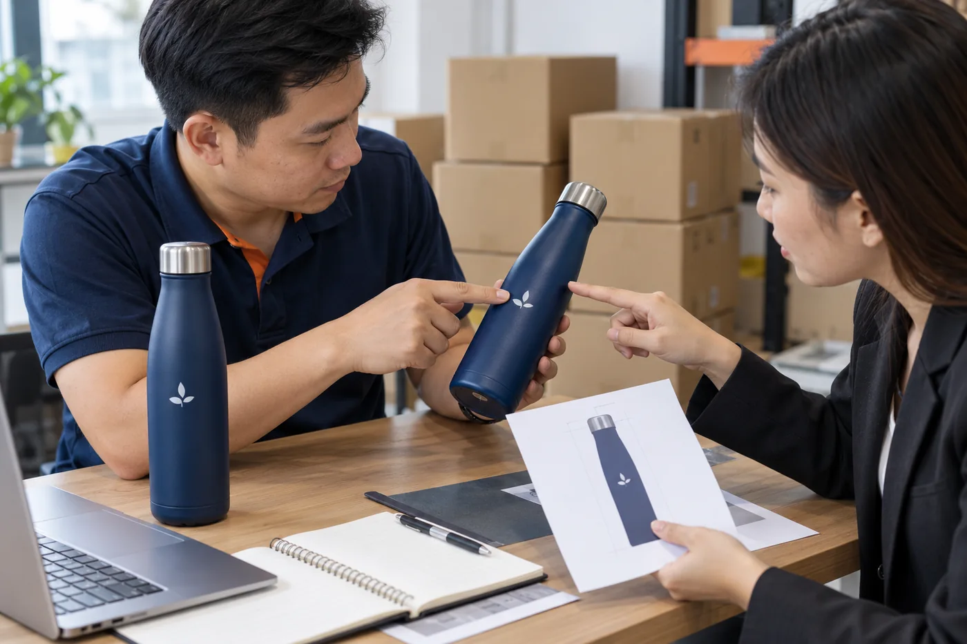 Hai người kiểm một b&igrave;nh in thử b&ecirc;n cạnh b&igrave;nh mẫu v&agrave; bản bố cục