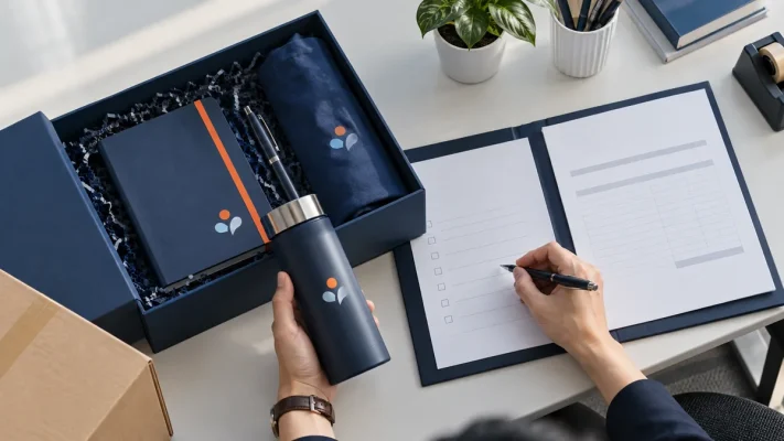 Bộ quà in dấu đặt cạnh hồ sơ mua hàng và bảng đối chiếu