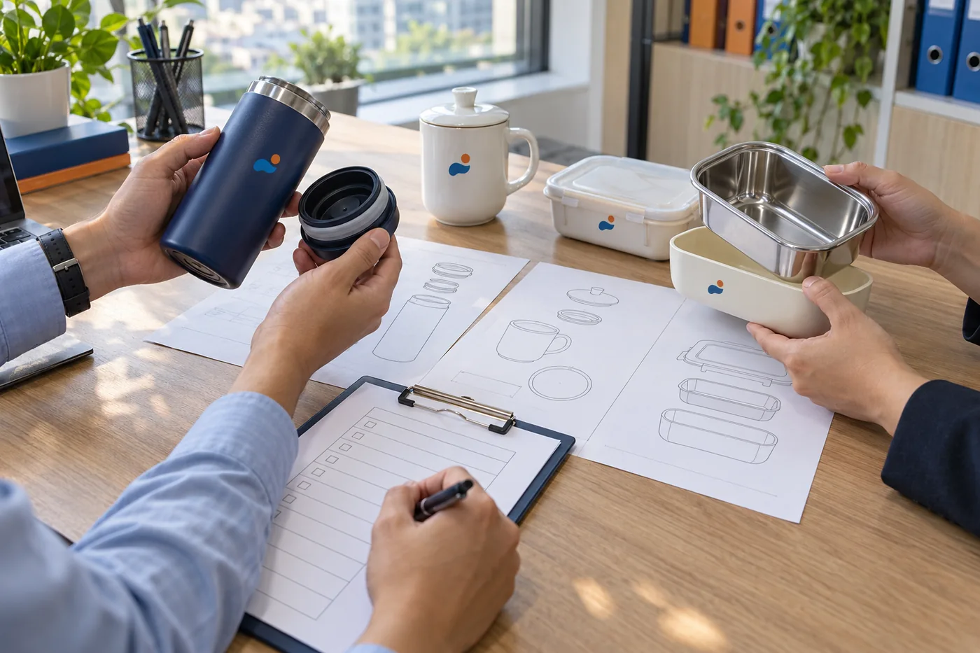 Tay đối chiếu b&igrave;nh, nắp, cốc sứ v&agrave; hộp đựng với bảng k&ecirc; cấu tạo