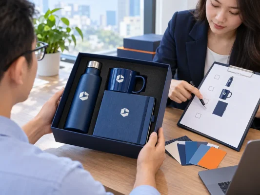 Hai người kiểm bộ bình cốc sổ in dấu cùng bảng kiểm trước khi đặt quà