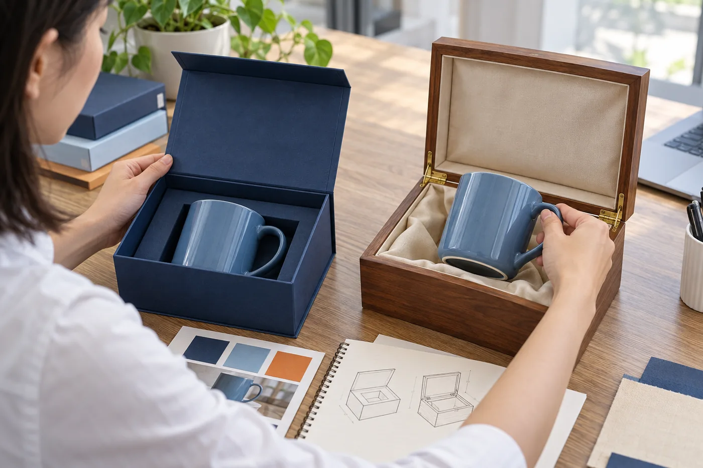 Người mua thử mở hộp giấy và hộp nắp gỗ để lấy cùng mẫu cốc