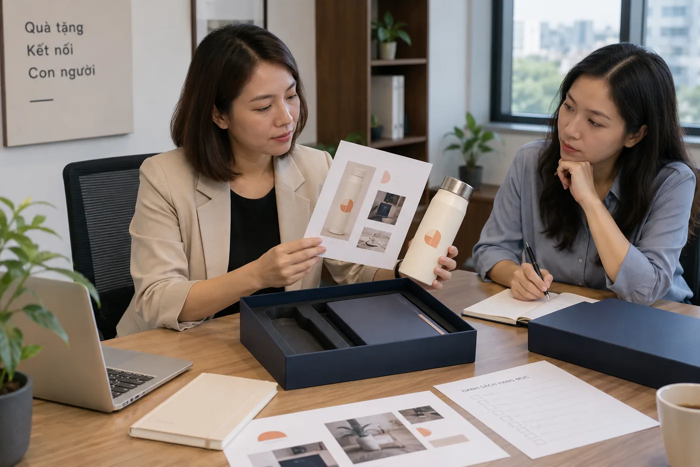 Người phụ tr&aacute;ch đối chiếu bản in với logo tr&ecirc;n b&igrave;nh mẫu v&agrave; hộp