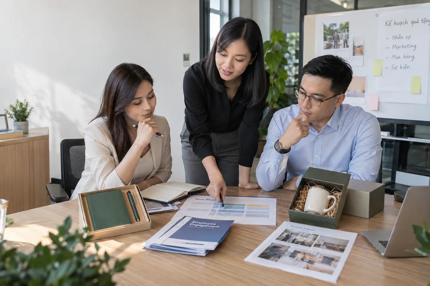 Ba đồng nghiệp xem kế hoạch v&agrave; hai phương &aacute;n qu&agrave; kh&aacute;c nhau